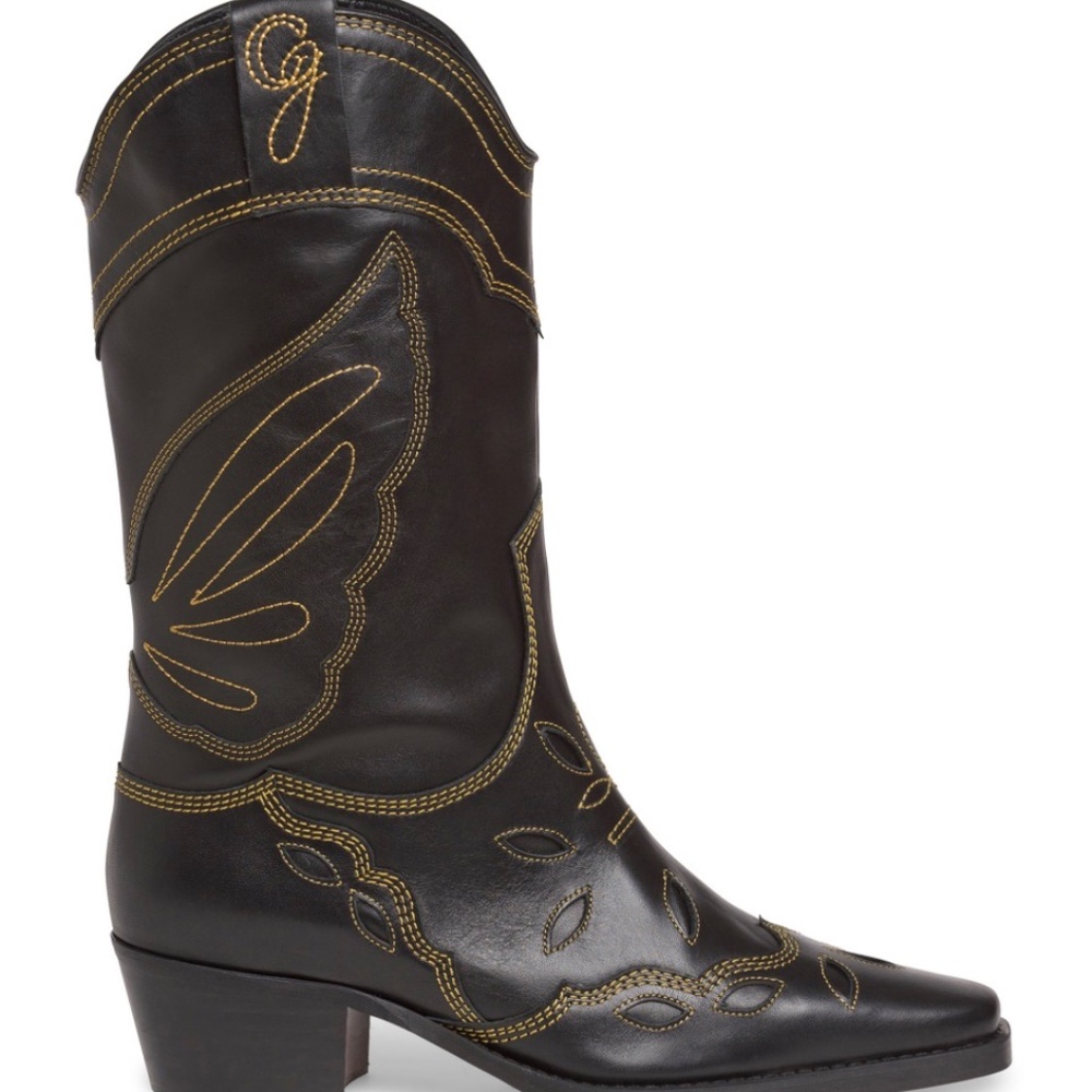 GANNI Mid Shaft Embroidered Western Cowboy Boots High Texas Boot Black Size 40 9 - Picture 2 of 16